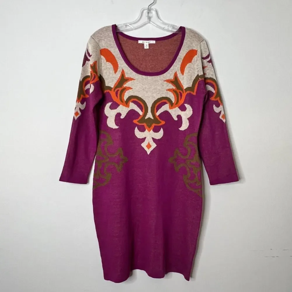 Francesca's Mi Ami Long Sleeve Knit Sweater Dress Purple Cream Womens Medium
